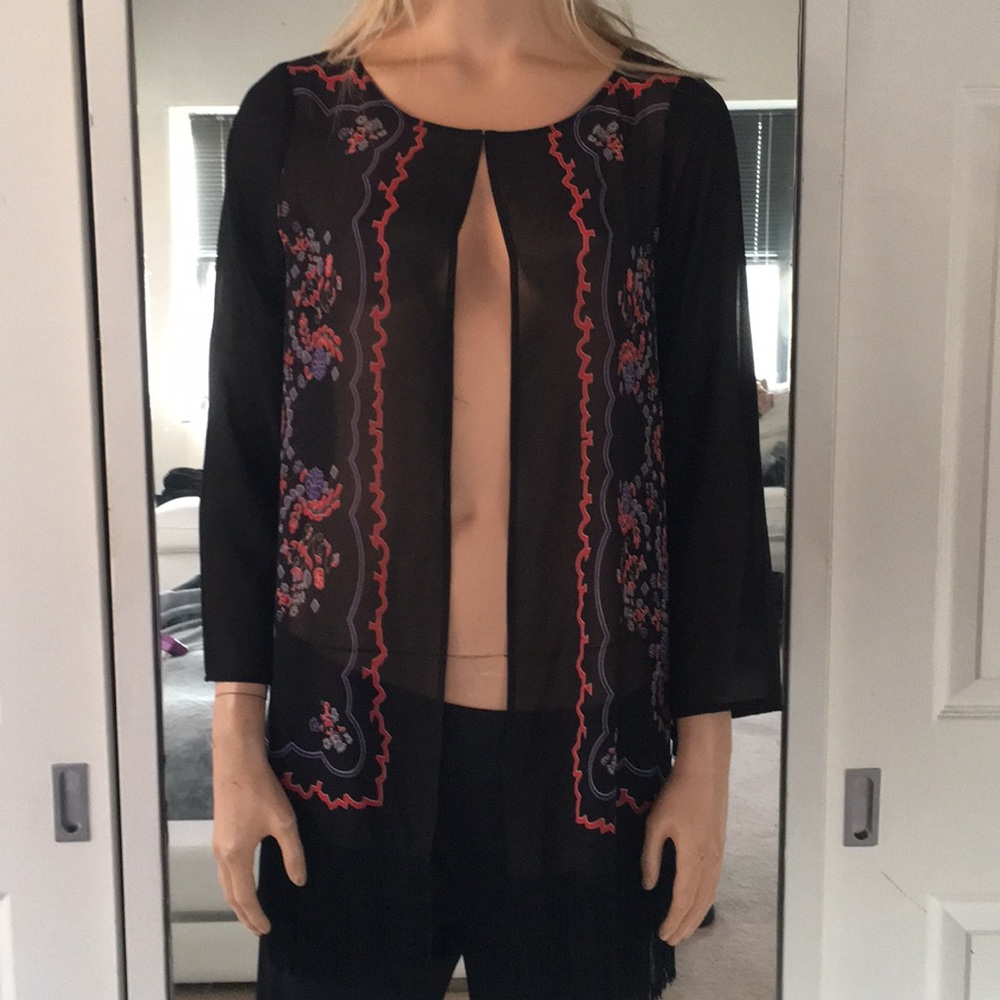Beautiful Blk Print Sheer Fringe LW Blouse/Jacket